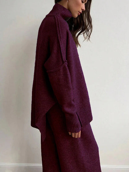 Anneliese High Neck Oversized Sweater and Wide Leg Knit Pants Set - Burgundy