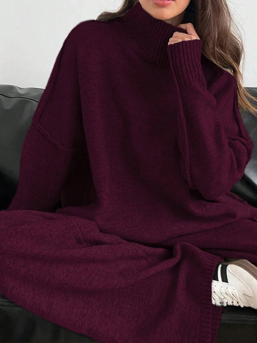 Anneliese High Neck Oversized Sweater and Wide Leg Knit Pants Set - Burgundy