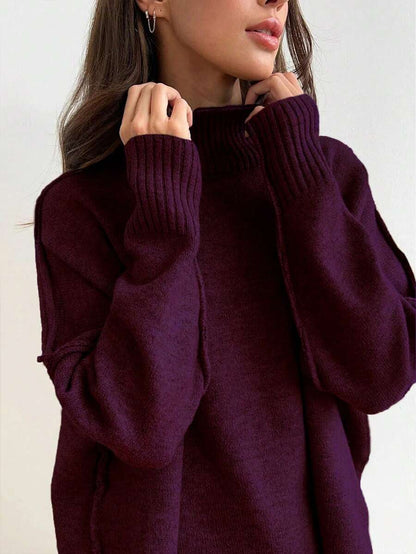 Anneliese High Neck Oversized Sweater and Wide Leg Knit Pants Set - Burgundy