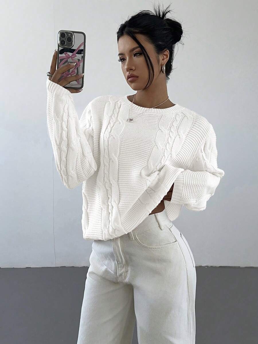 Noemi Relaxed Crew Neck Cable Knit Sweater with Drop Shoulders - White