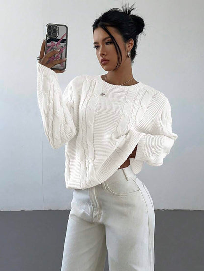 Noemi Relaxed Crew Neck Cable Knit Sweater with Drop Shoulders - White
