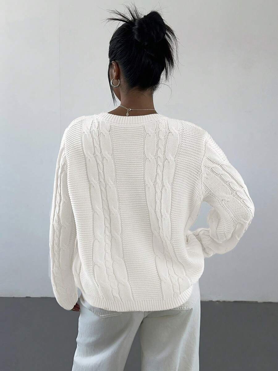Noemi Relaxed Crew Neck Cable Knit Sweater with Drop Shoulders - White