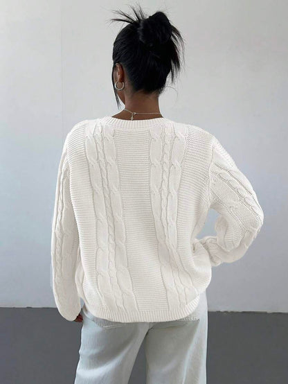 Noemi Relaxed Crew Neck Cable Knit Sweater with Drop Shoulders - White