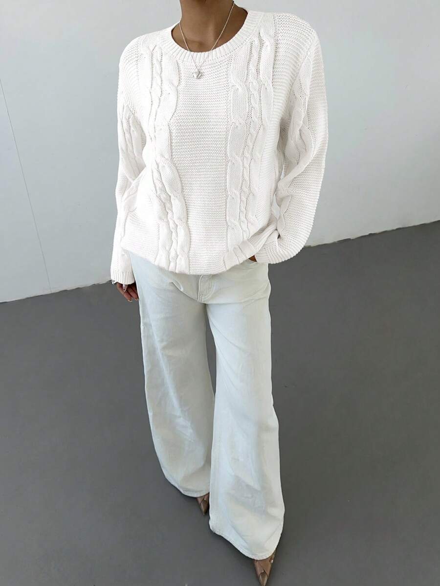 Noemi Relaxed Crew Neck Cable Knit Sweater with Drop Shoulders - White