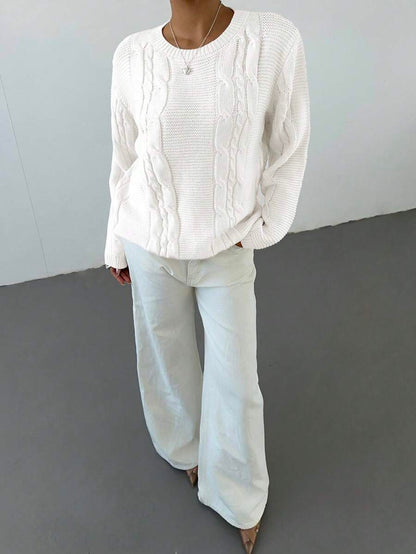Noemi Relaxed Crew Neck Cable Knit Sweater with Drop Shoulders - White