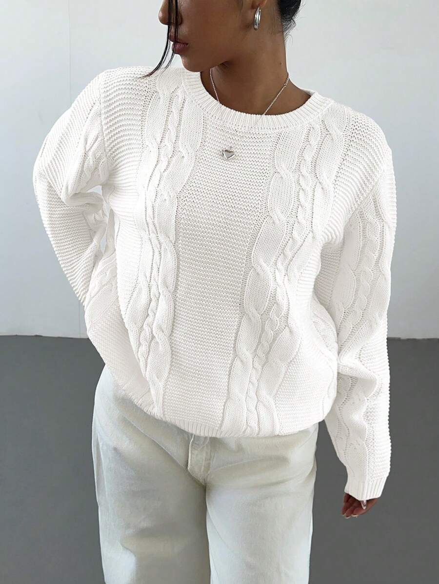 Noemi Relaxed Crew Neck Cable Knit Sweater with Drop Shoulders - White