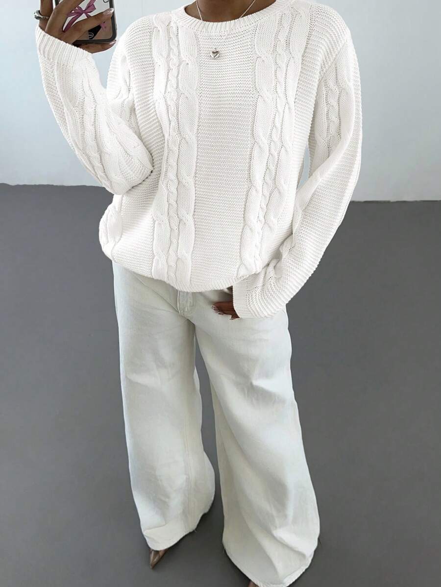 Noemi Relaxed Crew Neck Cable Knit Sweater with Drop Shoulders - White