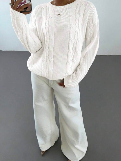 Noemi Relaxed Crew Neck Cable Knit Sweater with Drop Shoulders - White