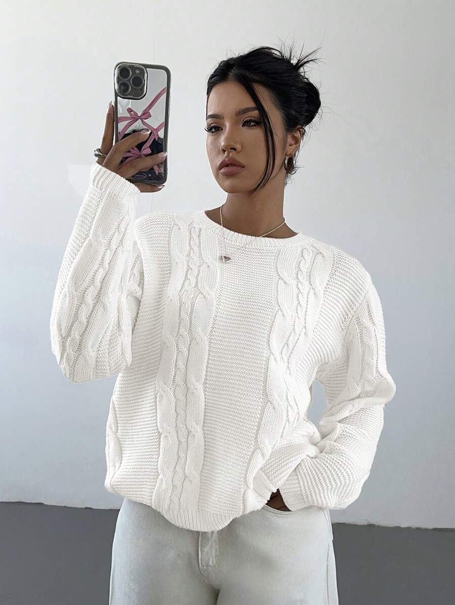 Noemi Relaxed Crew Neck Cable Knit Sweater with Drop Shoulders - White