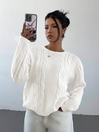 Noemi Relaxed Crew Neck Cable Knit Sweater with Drop Shoulders - White