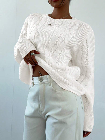 Noemi Relaxed Crew Neck Cable Knit Sweater with Drop Shoulders - White