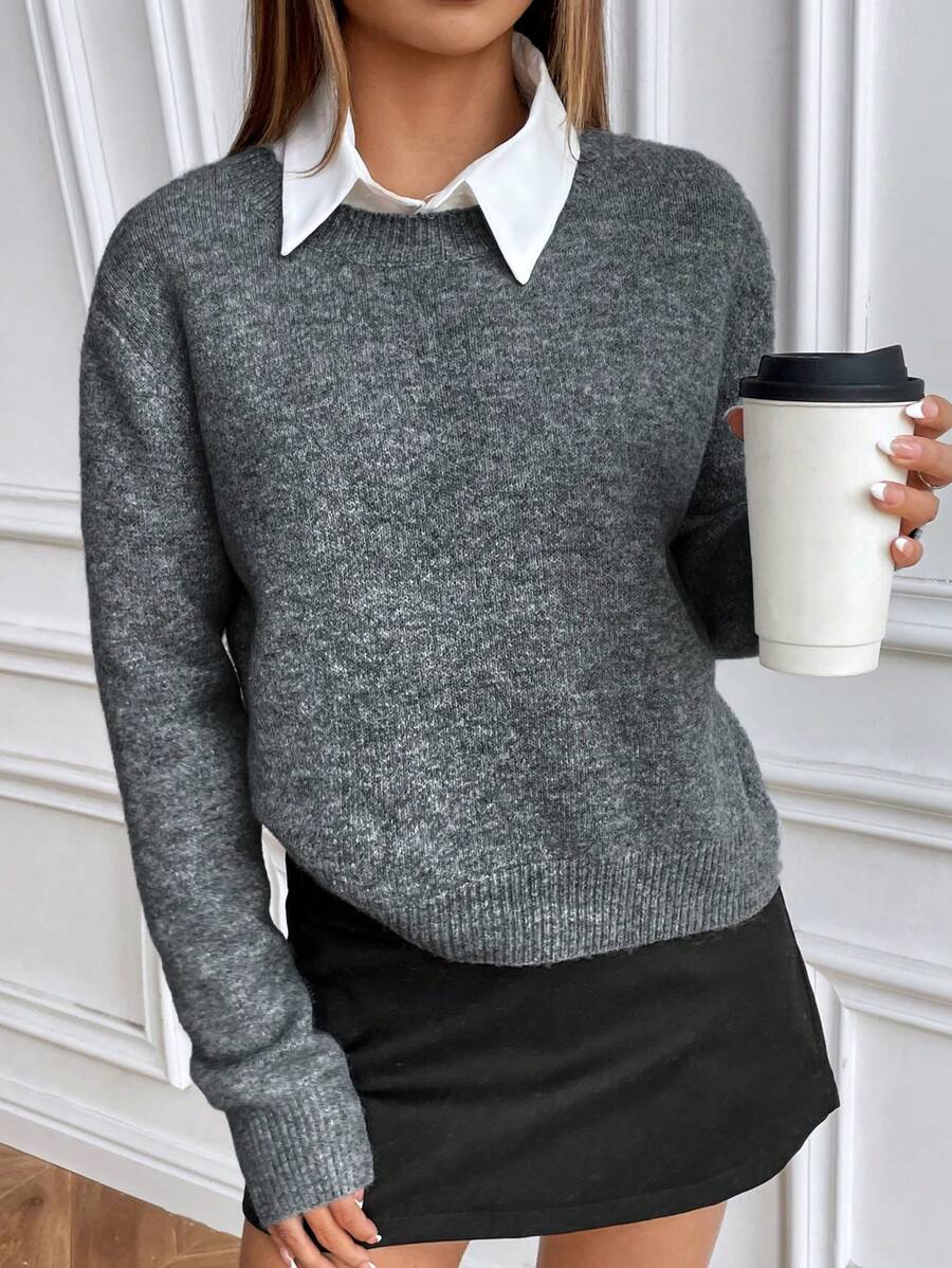 Women's Crew Neck Ribbed Knit Sweater, Fitted Pullover for Fall Winter - Dark Grey