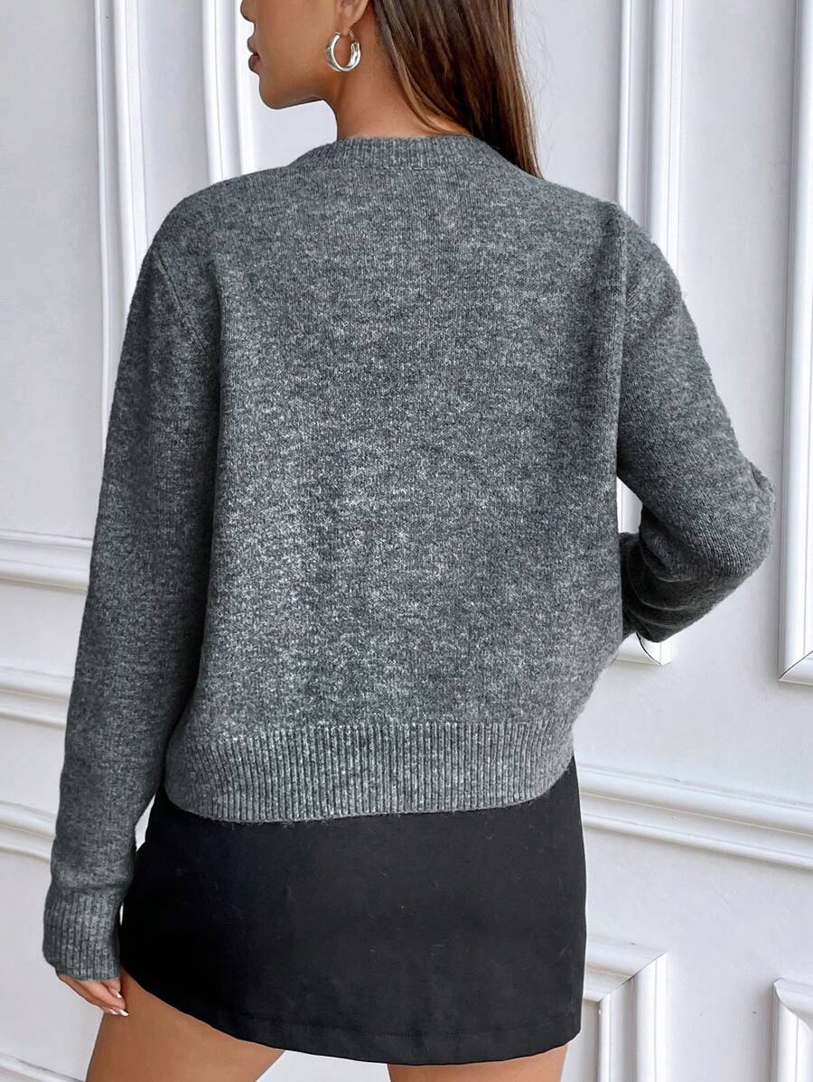 Women's Crew Neck Ribbed Knit Sweater, Fitted Pullover for Fall Winter - Black
