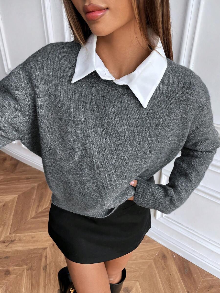 Women's Crew Neck Ribbed Knit Sweater, Fitted Pullover for Fall Winter - Grey