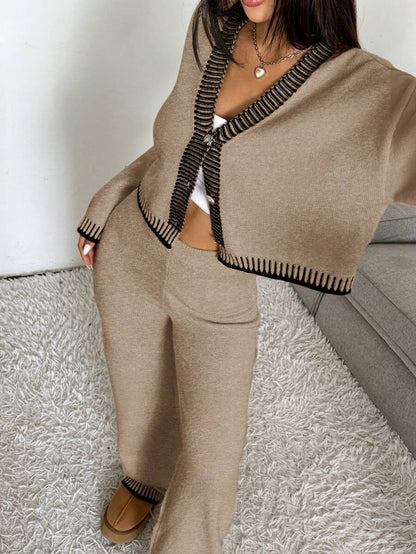 Domenica Contrast Trim Cropped Cardigan and Knit Pants Set - Khaki