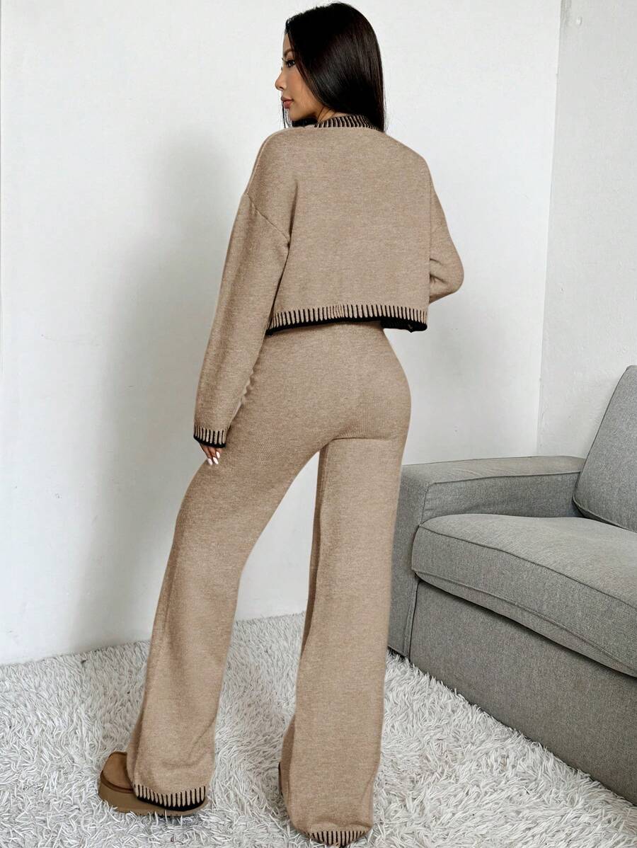 Domenica Contrast Trim Cropped Cardigan and Knit Pants Set - Navy Blue