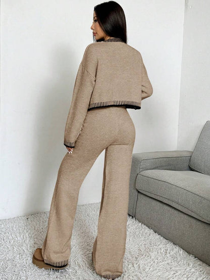 Domenica Contrast Trim Cropped Cardigan and Knit Pants Set - Navy Blue