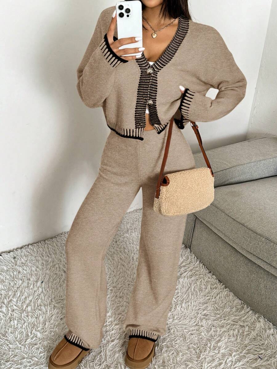 Domenica Contrast Trim Cropped Cardigan and Knit Pants Set - Apricot