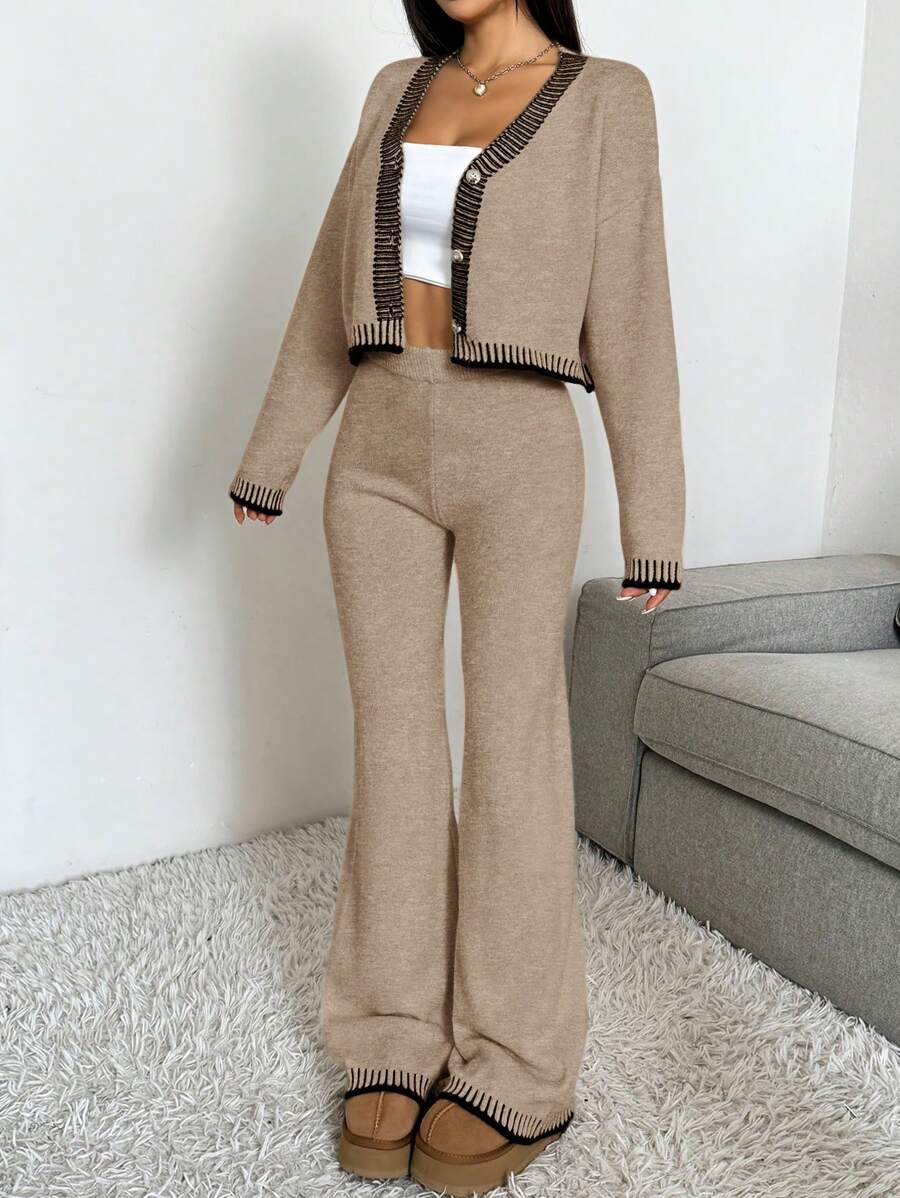 Domenica Contrast Trim Cropped Cardigan and Knit Pants Set - Black