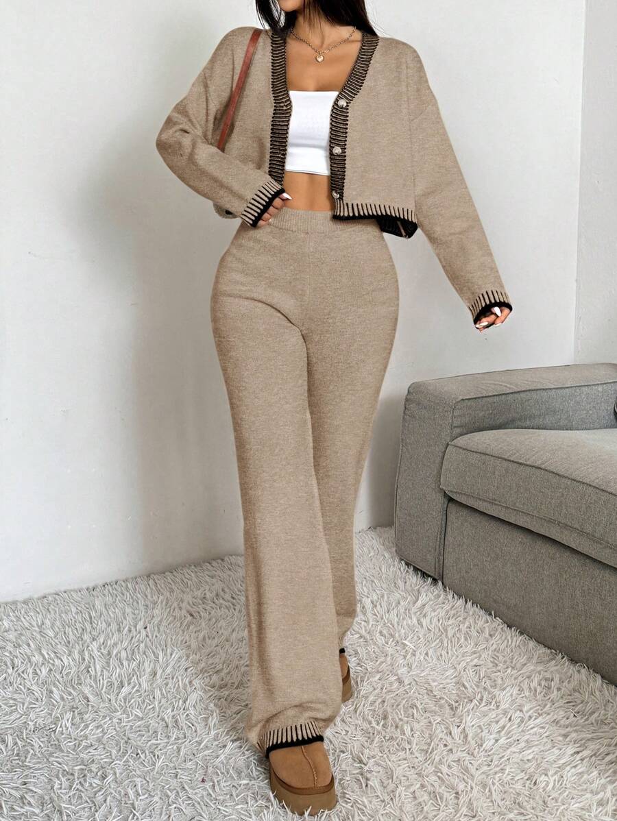 Domenica Contrast Trim Cropped Cardigan and Knit Pants Set - Brown