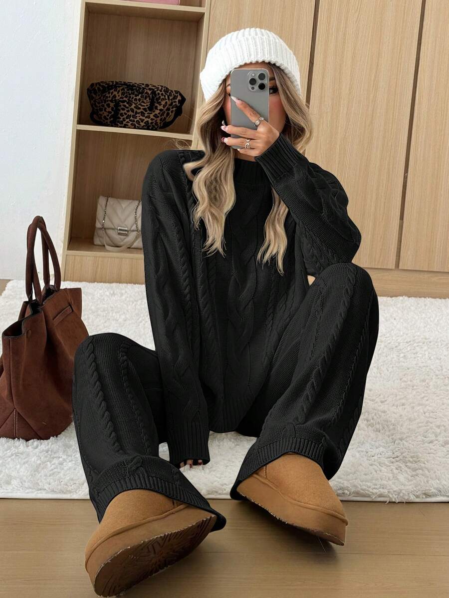 Ginevra 2 Piece Sweater Set Cable Knit Pullover and Wide Leg Pants - Black