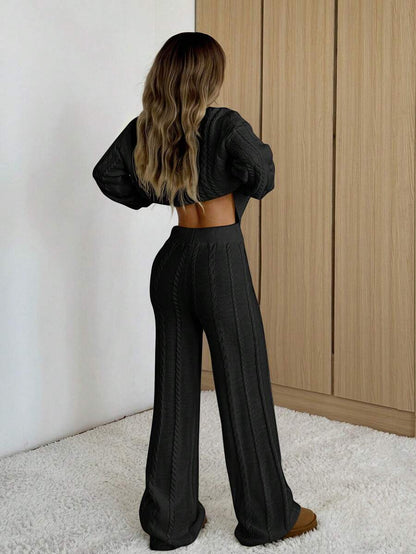 Ginevra 2 Piece Sweater Set Cable Knit Pullover and Wide Leg Pants - Black