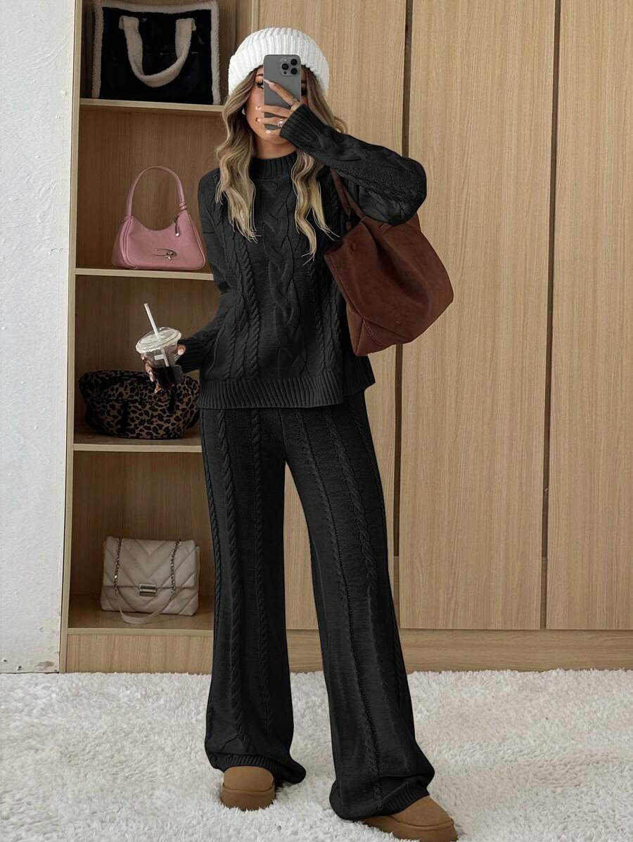 Ginevra 2 Piece Sweater Set Cable Knit Pullover and Wide Leg Pants - Black