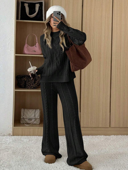 Ginevra 2 Piece Sweater Set Cable Knit Pullover and Wide Leg Pants - Black