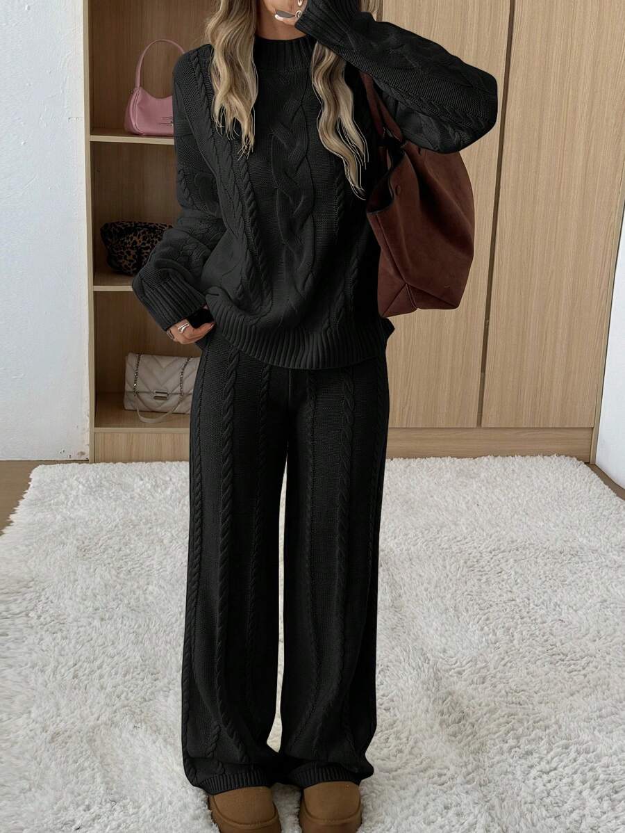 Ginevra 2 Piece Sweater Set Cable Knit Pullover and Wide Leg Pants - Black