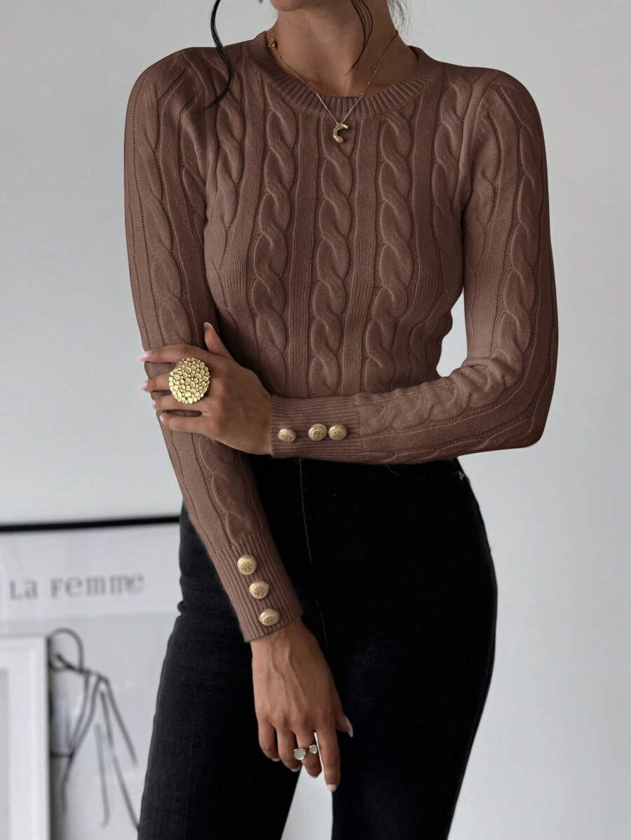 Nerissa Slim Cable Knit Sweater with Crew Neck and Button Detail - Chestnut Brown