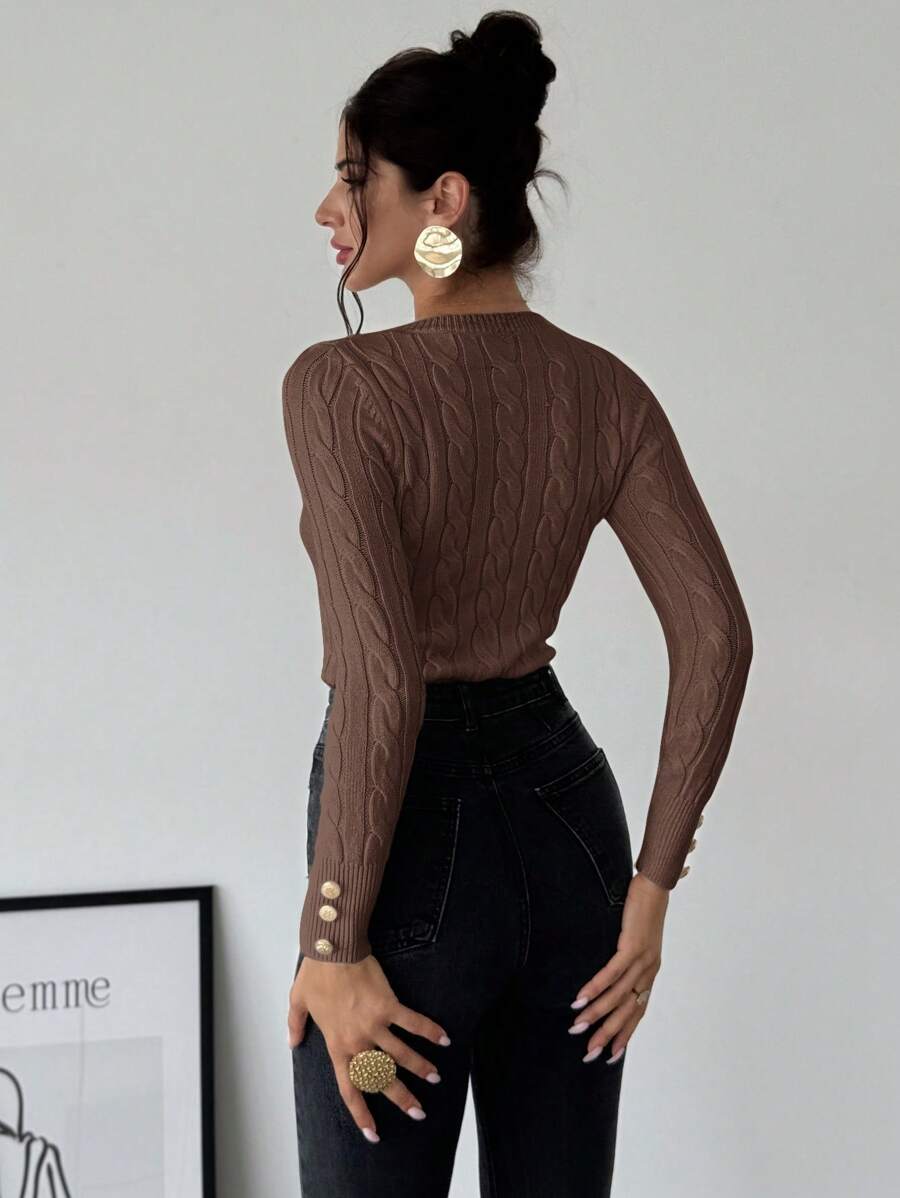 Nerissa Slim Cable Knit Sweater with Crew Neck and Button Detail - Chestnut Brown
