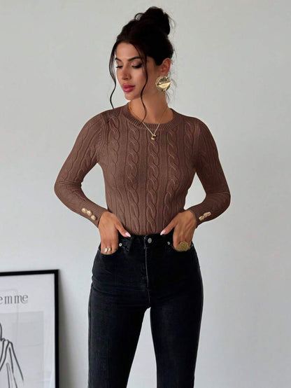Nerissa Slim Cable Knit Sweater with Crew Neck and Button Detail - Chestnut Brown