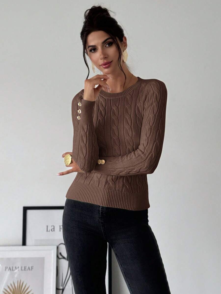 Nerissa Slim Cable Knit Sweater with Crew Neck and Button Detail - Chestnut Brown