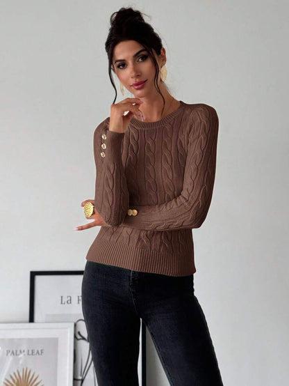 Nerissa Slim Cable Knit Sweater with Crew Neck and Button Detail - Chestnut Brown