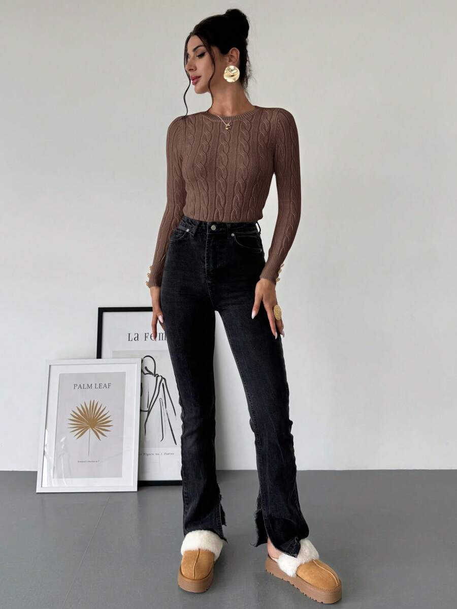 Nerissa Slim Cable Knit Sweater with Crew Neck and Button Detail - Chestnut Brown