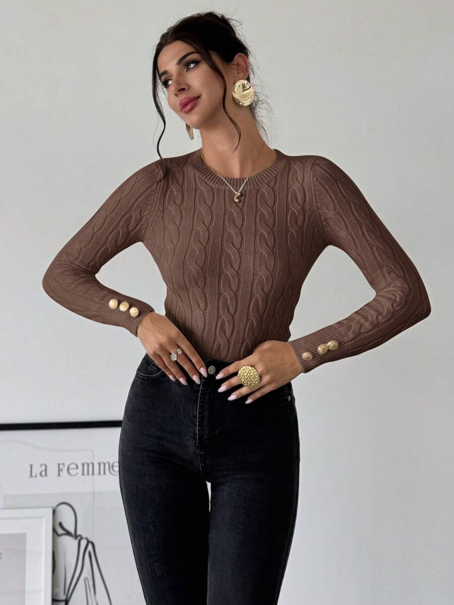 Nerissa Slim Cable Knit Sweater with Crew Neck and Button Detail - Chestnut Brown