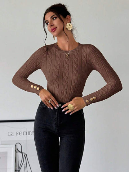 Nerissa Slim Cable Knit Sweater with Crew Neck and Button Detail - Chestnut Brown