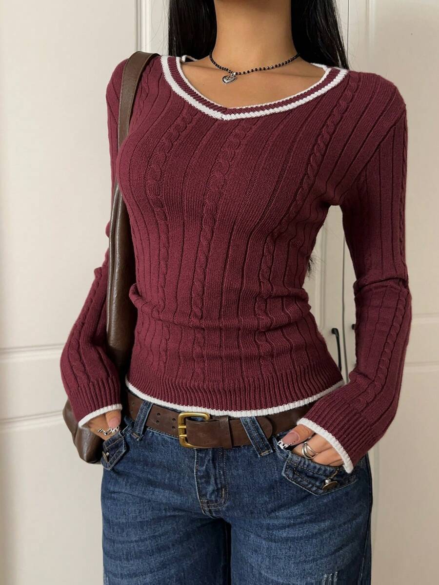 Saskia Slim V Neck Twist Cable Knit Sweater with Contrast Trim - Burgundy