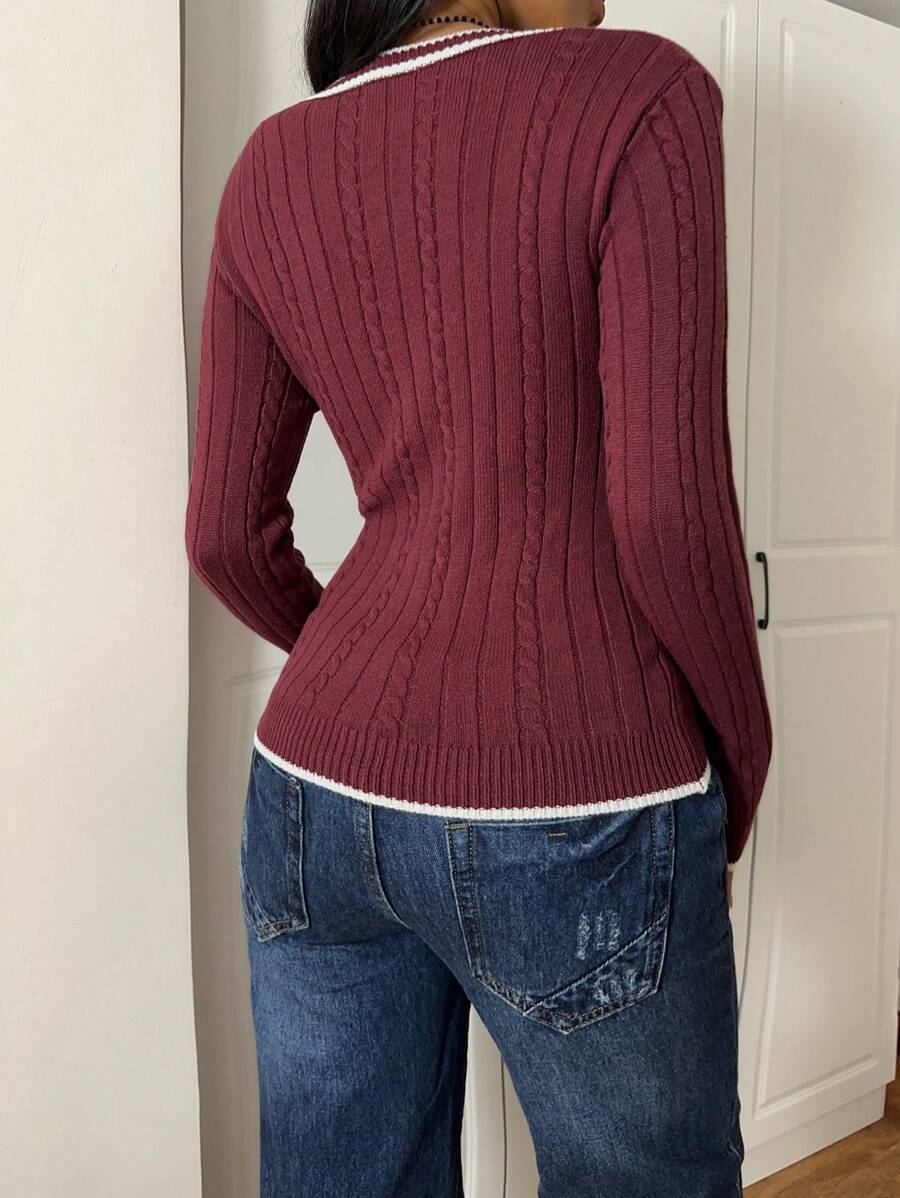 Saskia Slim V Neck Twist Cable Knit Sweater with Contrast Trim - Burgundy