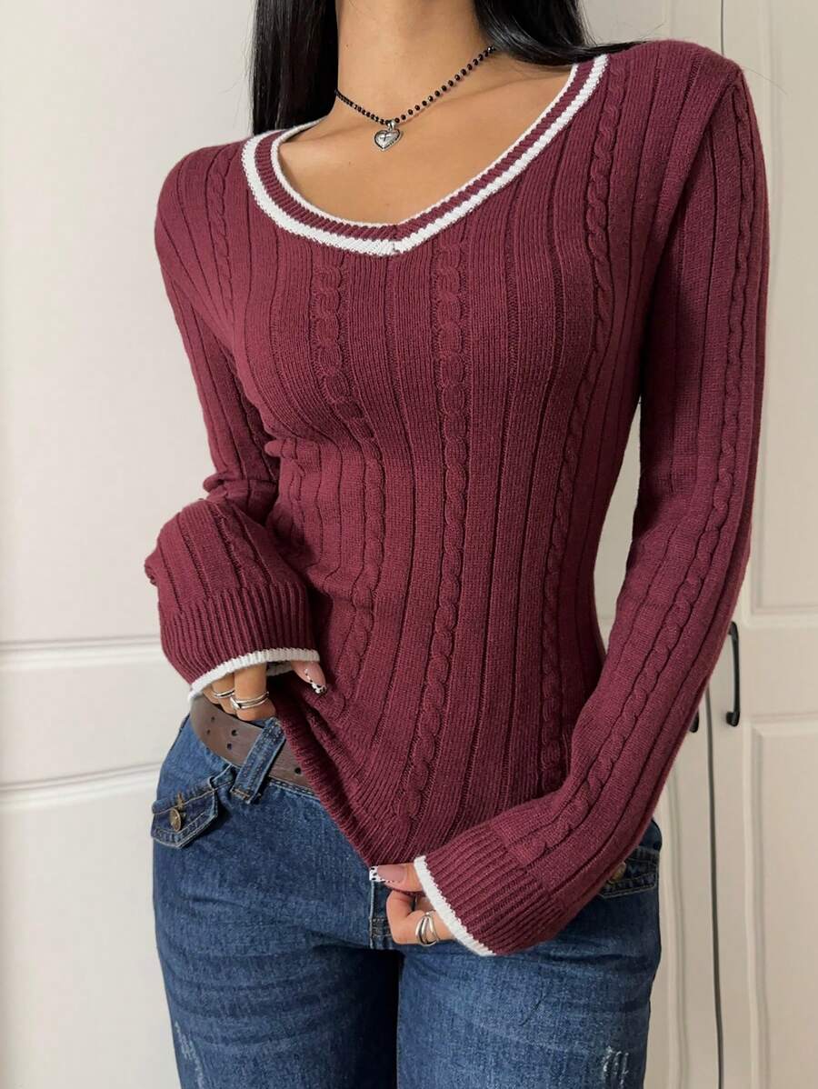 Saskia Slim V Neck Twist Cable Knit Sweater with Contrast Trim - Burgundy