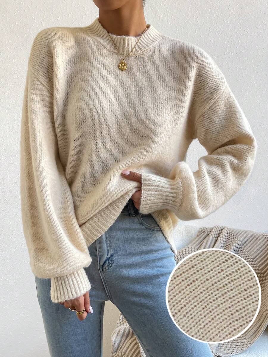 Viola Relaxed Mock Neck Sweater with Drop Shoulders - Oatmeal