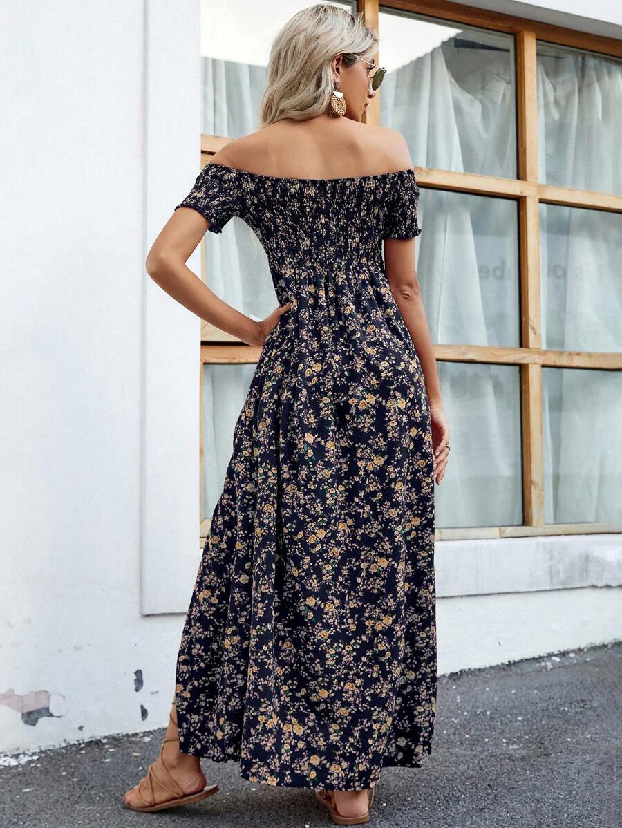 Breezaya Short Sleeve Off-Shoulder Ditsy Floral Slit Summer Dress Maxi Vacation Beach Outfits Women Mensa