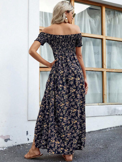 Breezaya Short Sleeve Off-Shoulder Ditsy Floral Slit Summer Dress Maxi Vacation Beach Outfits Women Mensa
