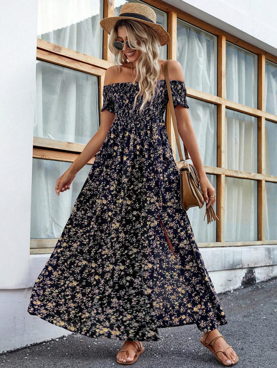 Breezaya Short Sleeve Off-Shoulder Ditsy Floral Slit Summer Dress Maxi Vacation Beach Outfits Women Mensa