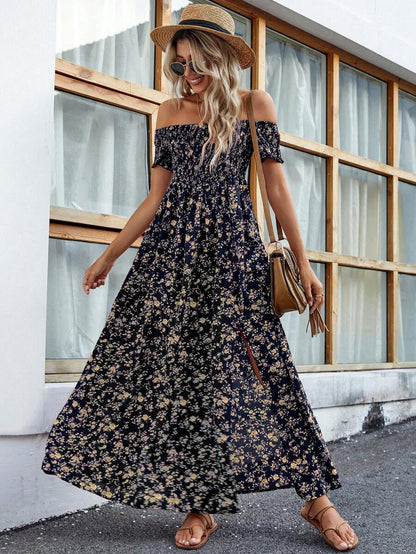 Breezaya Short Sleeve Off-Shoulder Ditsy Floral Slit Summer Dress Maxi Vacation Beach Outfits Women Mensa