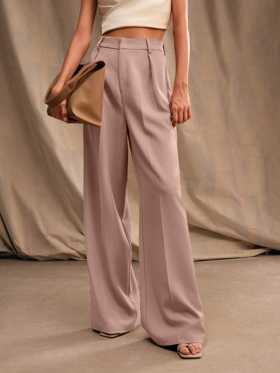 Tatiana Pleated High Waist Wide Leg Trousers with Pockets - Apricot