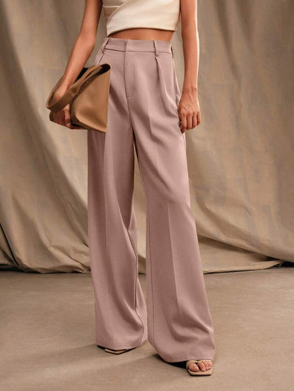 Tatiana Pleated High Waist Wide Leg Trousers with Pockets - Apricot