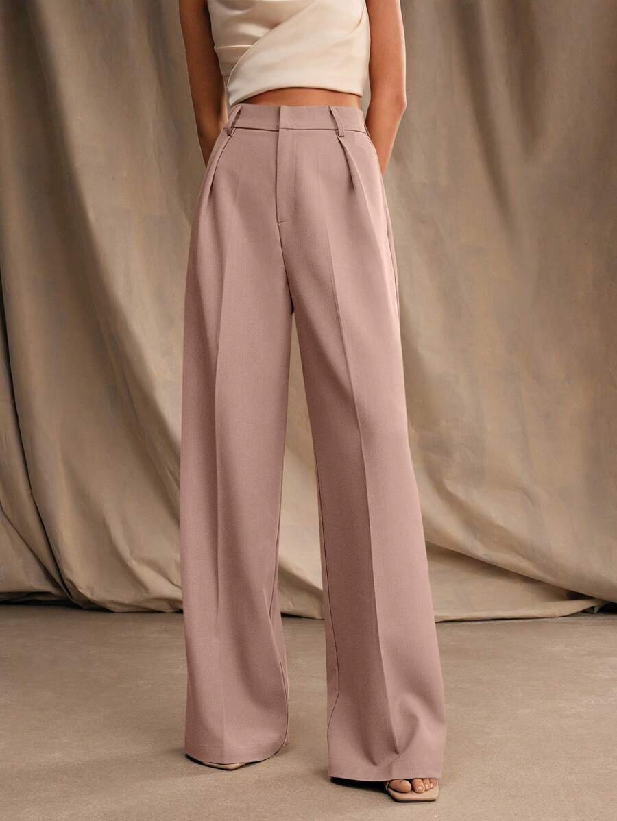 Tatiana Pleated High Waist Wide Leg Trousers with Pockets - Beige