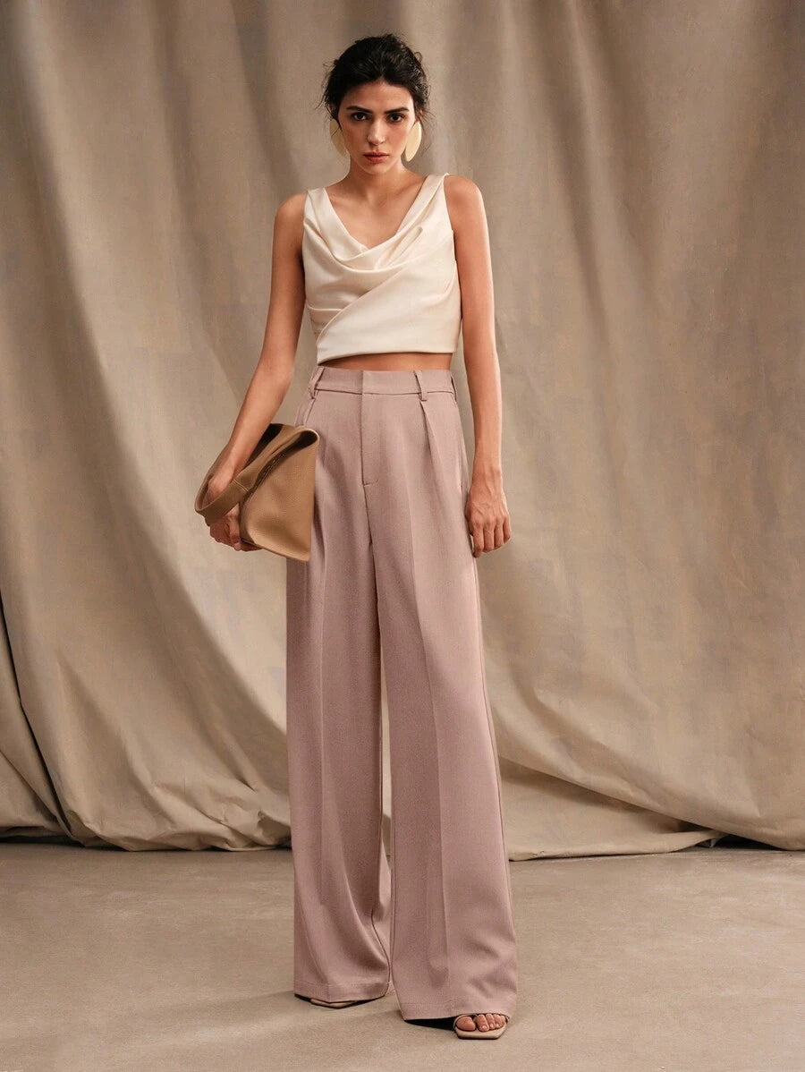 Tatiana Pleated High Waist Wide Leg Trousers with Pockets - Black