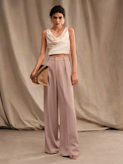 Tatiana Pleated High Waist Wide Leg Trousers with Pockets - Black